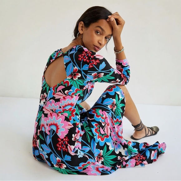 Anthropologie Maeve Ruched Floral Maxi Dress Size 0 XS S Black Long Sleeves Boho - Picture 10 of 10